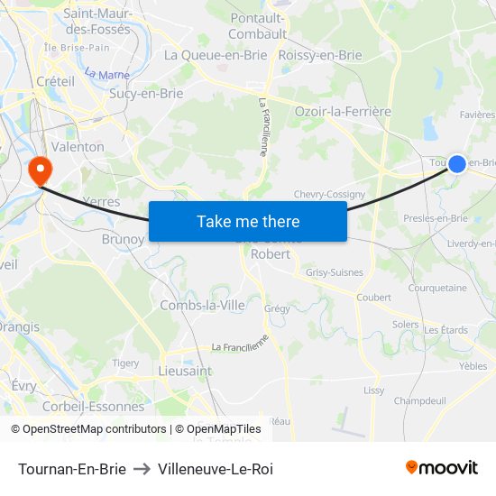 Tournan-En-Brie to Villeneuve-Le-Roi map