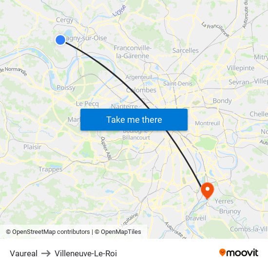 Vaureal to Villeneuve-Le-Roi map