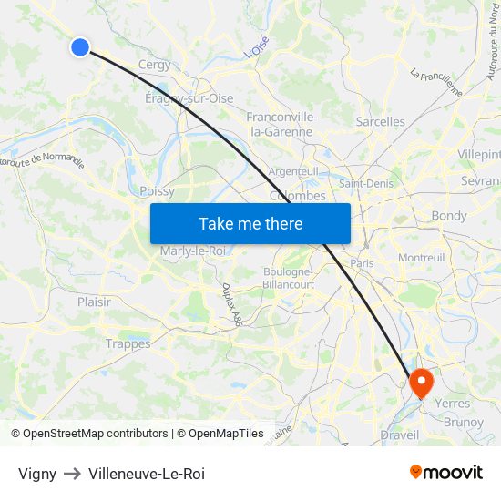 Vigny to Villeneuve-Le-Roi map