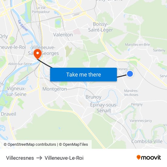 Villecresnes to Villeneuve-Le-Roi map