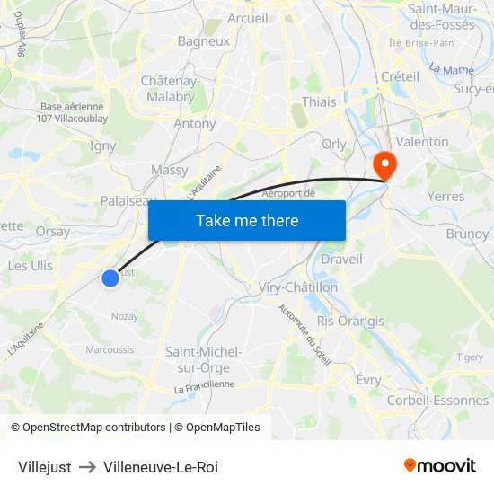 Villejust to Villeneuve-Le-Roi map