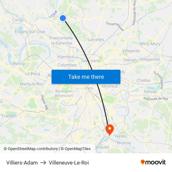 Villiers-Adam to Villeneuve-Le-Roi map