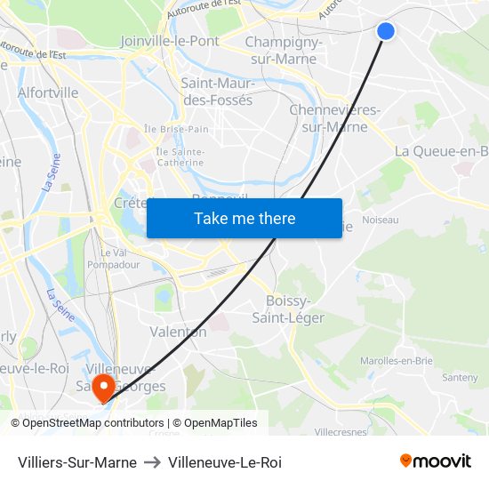 Villiers-Sur-Marne to Villeneuve-Le-Roi map