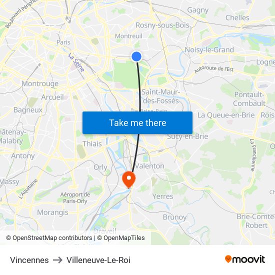 Vincennes to Villeneuve-Le-Roi map