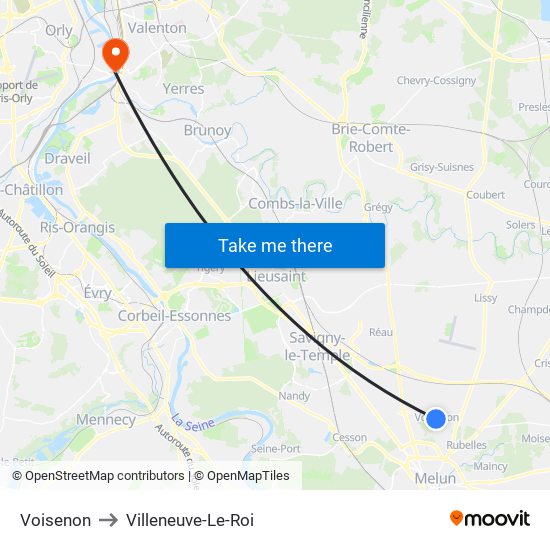 Voisenon to Villeneuve-Le-Roi map