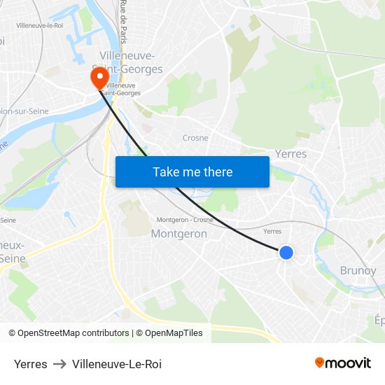 Yerres to Villeneuve-Le-Roi map