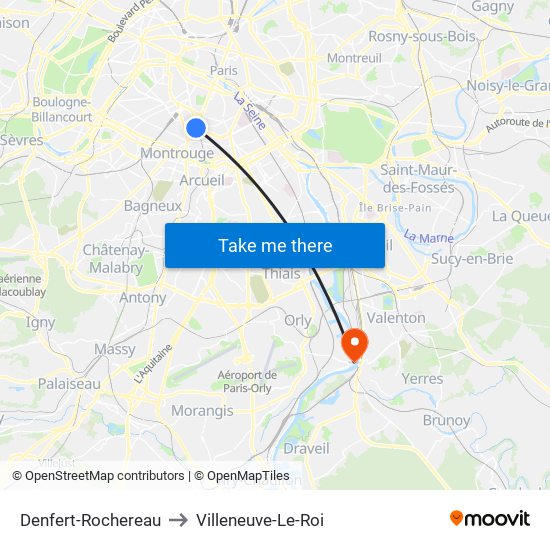 Denfert-Rochereau to Villeneuve-Le-Roi map