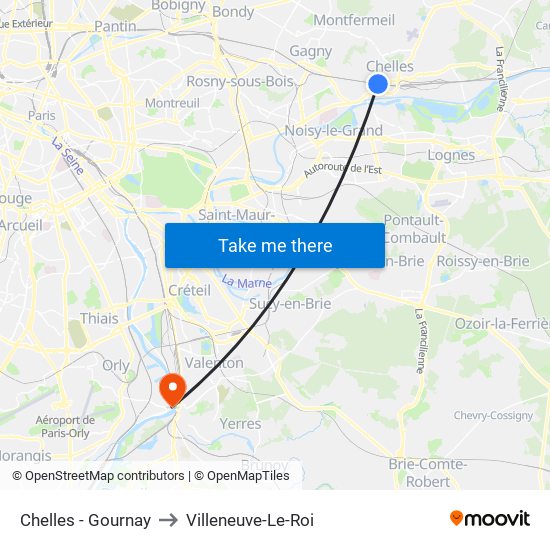 Chelles - Gournay to Villeneuve-Le-Roi map