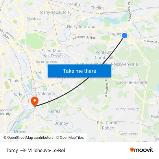 Torcy to Villeneuve-Le-Roi map