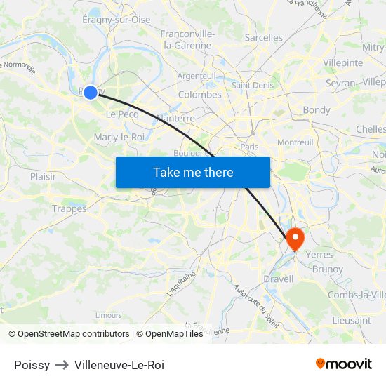 Poissy to Villeneuve-Le-Roi map