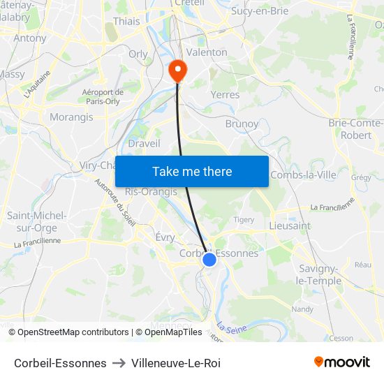 Corbeil-Essonnes to Villeneuve-Le-Roi map