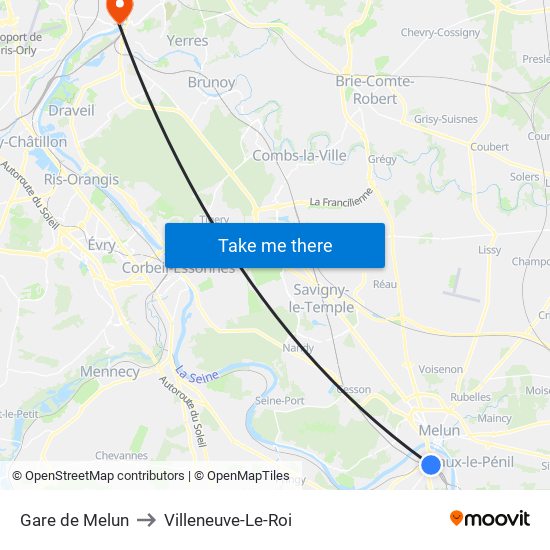 Gare de Melun to Villeneuve-Le-Roi map