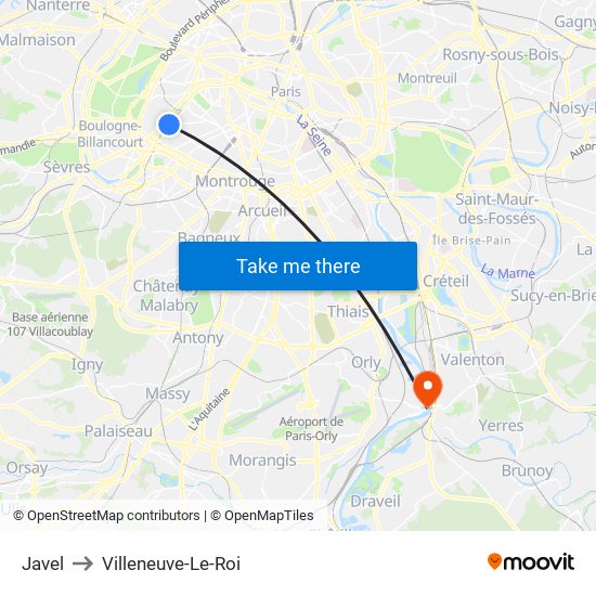 Javel to Villeneuve-Le-Roi map