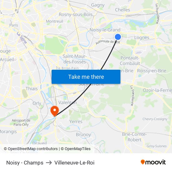 Noisy - Champs to Villeneuve-Le-Roi map