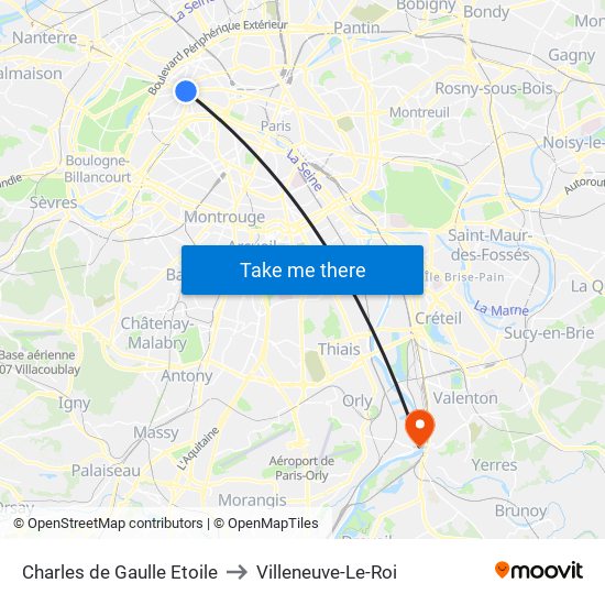 Charles de Gaulle Etoile to Villeneuve-Le-Roi map