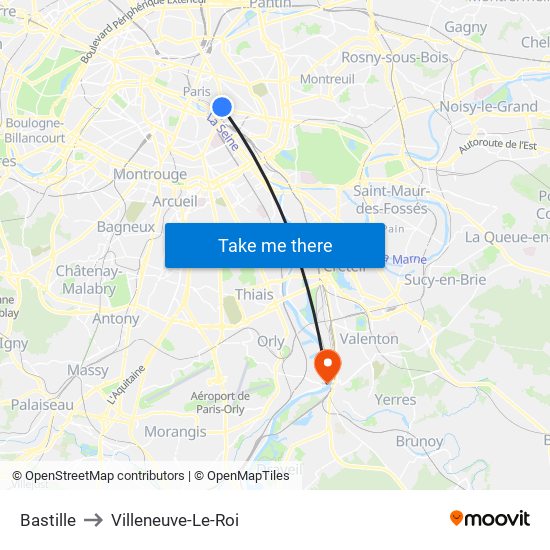 Bastille to Villeneuve-Le-Roi map