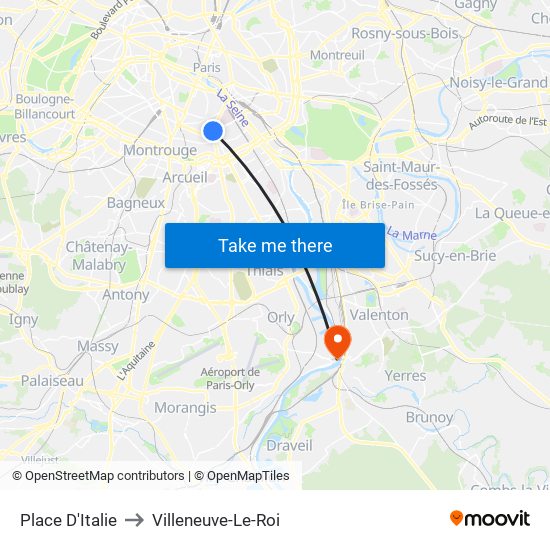 Place D'Italie to Villeneuve-Le-Roi map