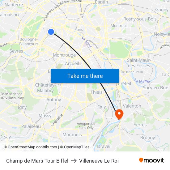 Champ de Mars Tour Eiffel to Villeneuve-Le-Roi map