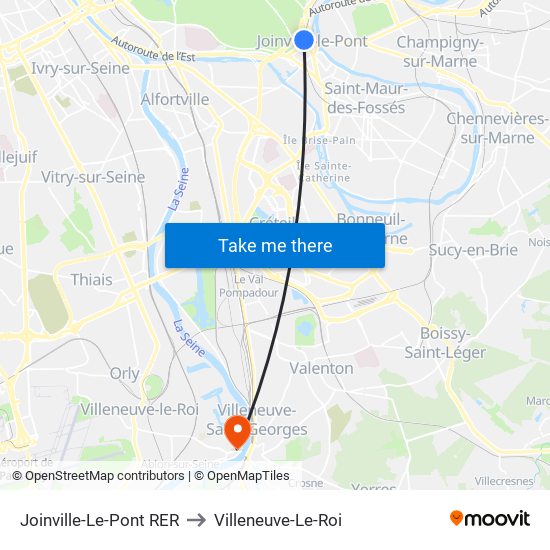Joinville-Le-Pont RER to Villeneuve-Le-Roi map
