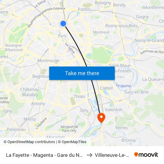 La Fayette - Magenta - Gare du Nord to Villeneuve-Le-Roi map
