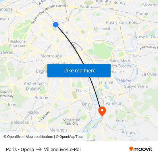Paris - Opéra to Villeneuve-Le-Roi map