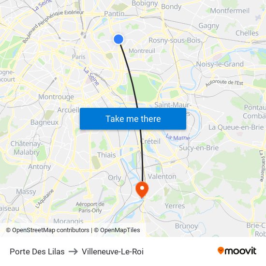 Porte Des Lilas to Villeneuve-Le-Roi map