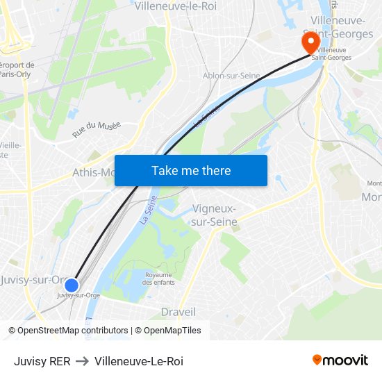 Juvisy RER to Villeneuve-Le-Roi map