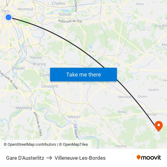 Gare D'Austerlitz to Villeneuve-Les-Bordes map