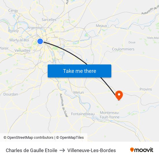 Charles de Gaulle Etoile to Villeneuve-Les-Bordes map
