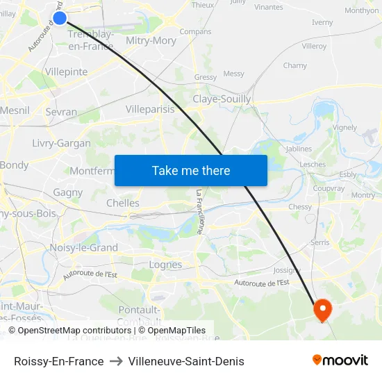 Roissy-En-France to Villeneuve-Saint-Denis map