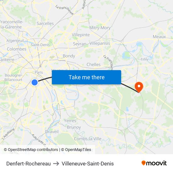 Denfert-Rochereau to Villeneuve-Saint-Denis map