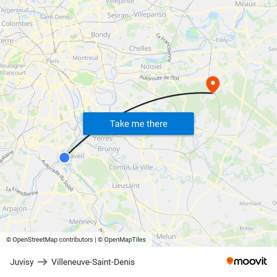 Juvisy to Villeneuve-Saint-Denis map