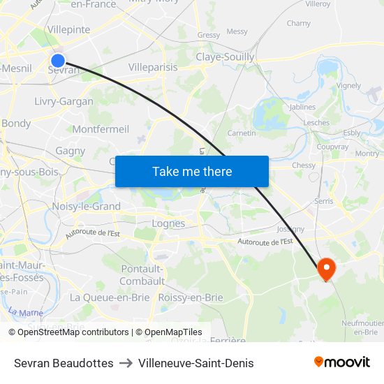 Sevran Beaudottes to Villeneuve-Saint-Denis map