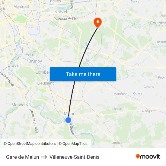Gare de Melun to Villeneuve-Saint-Denis map
