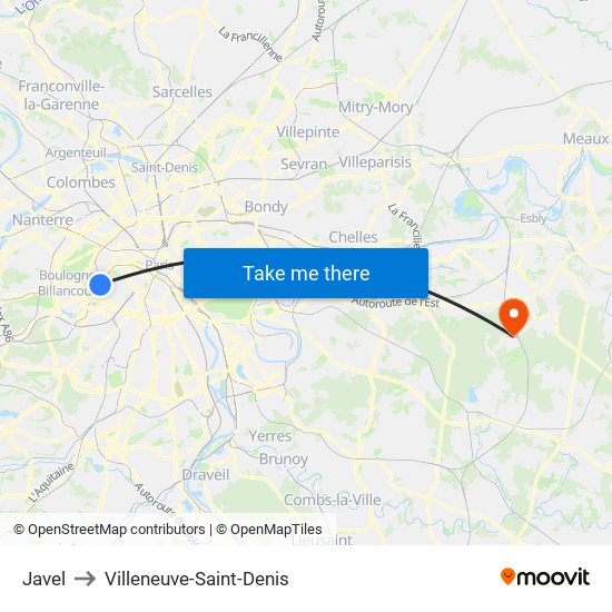 Javel to Villeneuve-Saint-Denis map