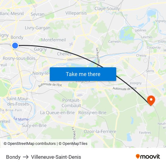 Bondy to Villeneuve-Saint-Denis map