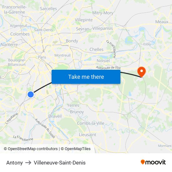 Antony to Villeneuve-Saint-Denis map