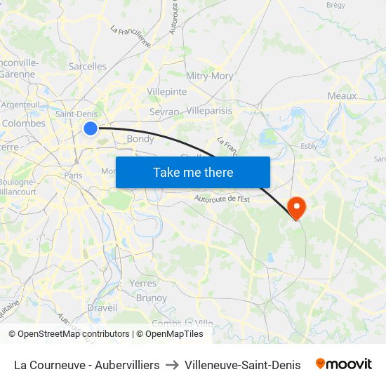 La Courneuve - Aubervilliers to Villeneuve-Saint-Denis map