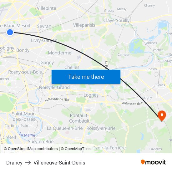 Drancy to Villeneuve-Saint-Denis map