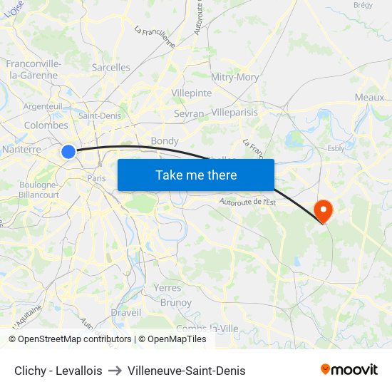 Clichy - Levallois to Villeneuve-Saint-Denis map