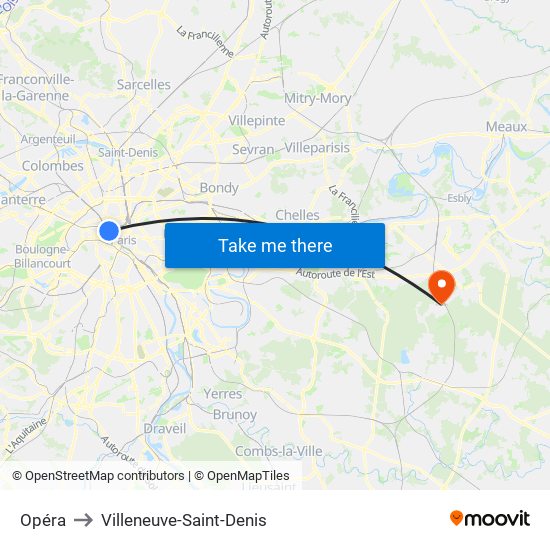 Opéra to Villeneuve-Saint-Denis map