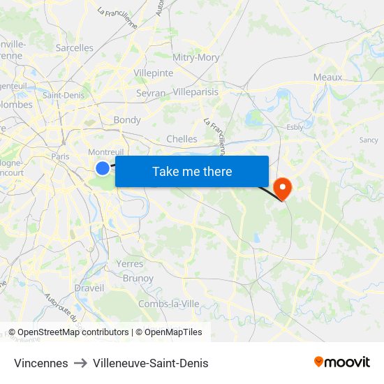 Vincennes to Villeneuve-Saint-Denis map