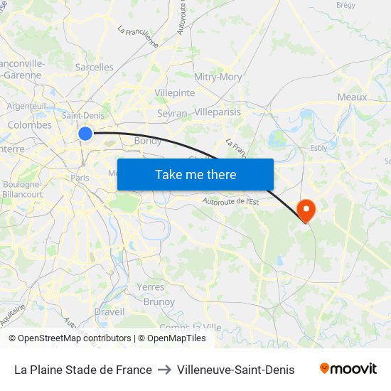 La Plaine Stade de France to Villeneuve-Saint-Denis map