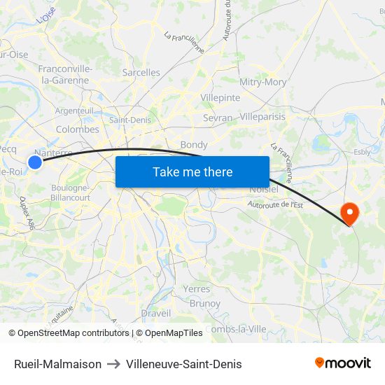 Rueil-Malmaison to Villeneuve-Saint-Denis map