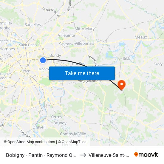 Bobigny - Pantin - Raymond Queneau to Villeneuve-Saint-Denis map