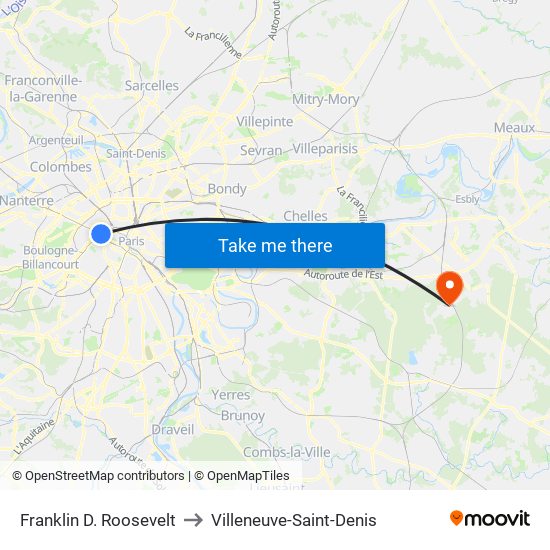 Franklin D. Roosevelt to Villeneuve-Saint-Denis map