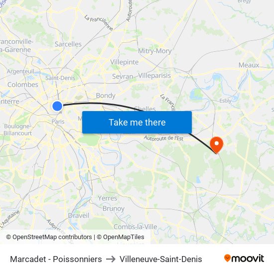 Marcadet - Poissonniers to Villeneuve-Saint-Denis map