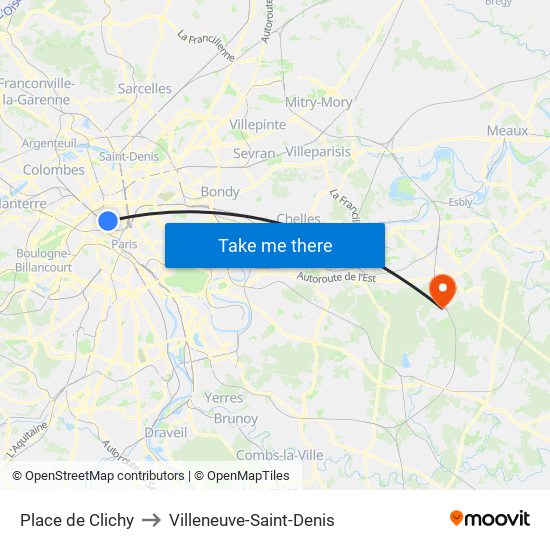Place de Clichy to Villeneuve-Saint-Denis map