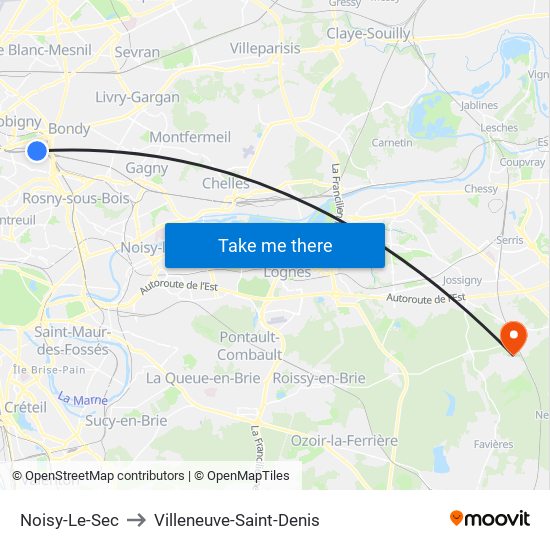 Noisy-Le-Sec to Villeneuve-Saint-Denis map