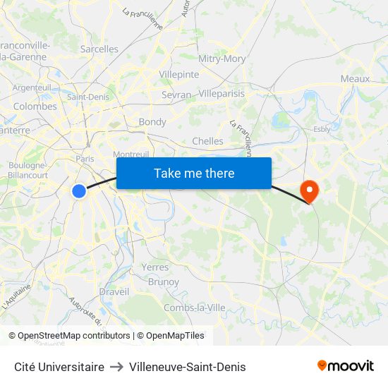 Cité Universitaire to Villeneuve-Saint-Denis map